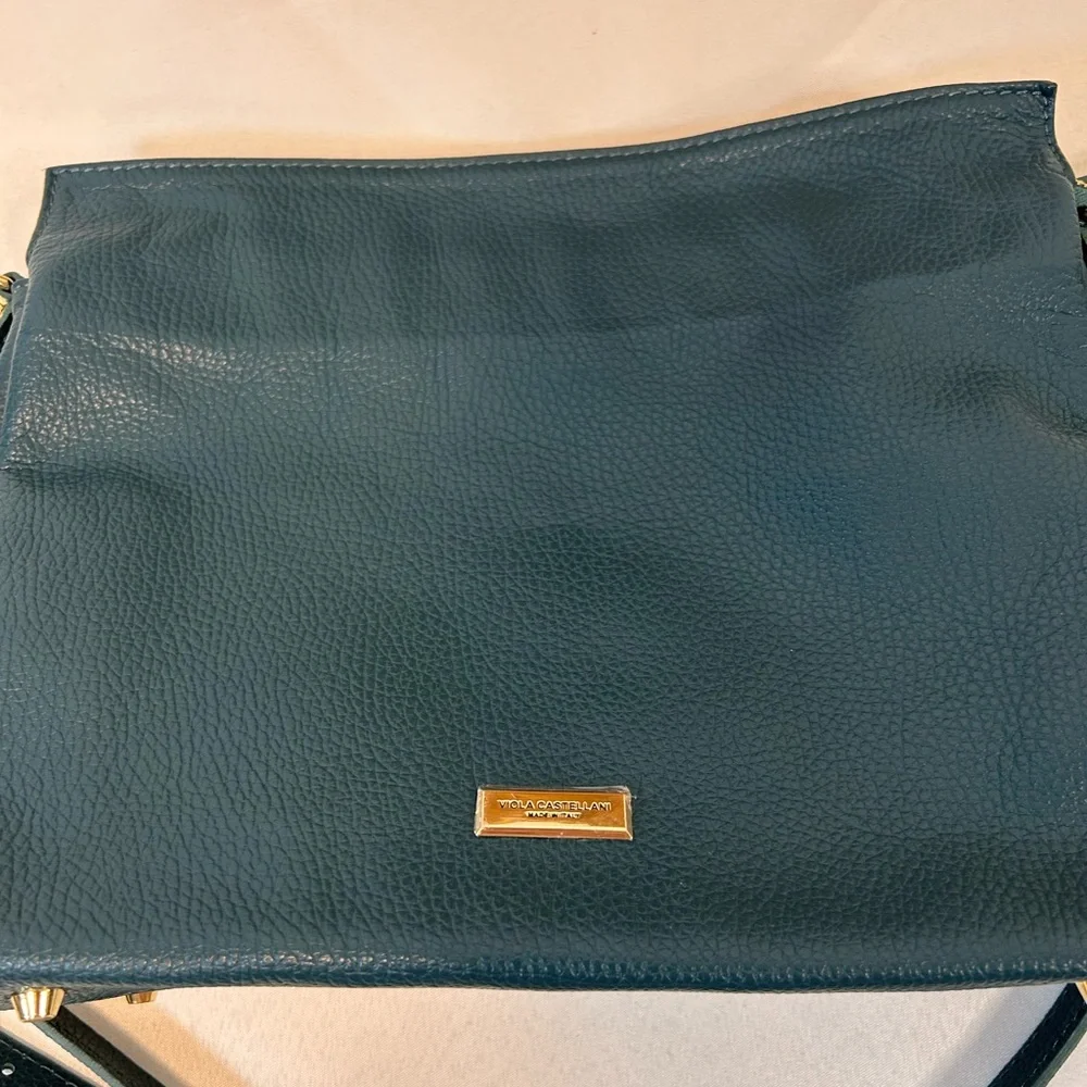 Viola Castellani Italian Genuine Leather Handbag Forest Green Gold Tone Hardware - Picture 9 of 12